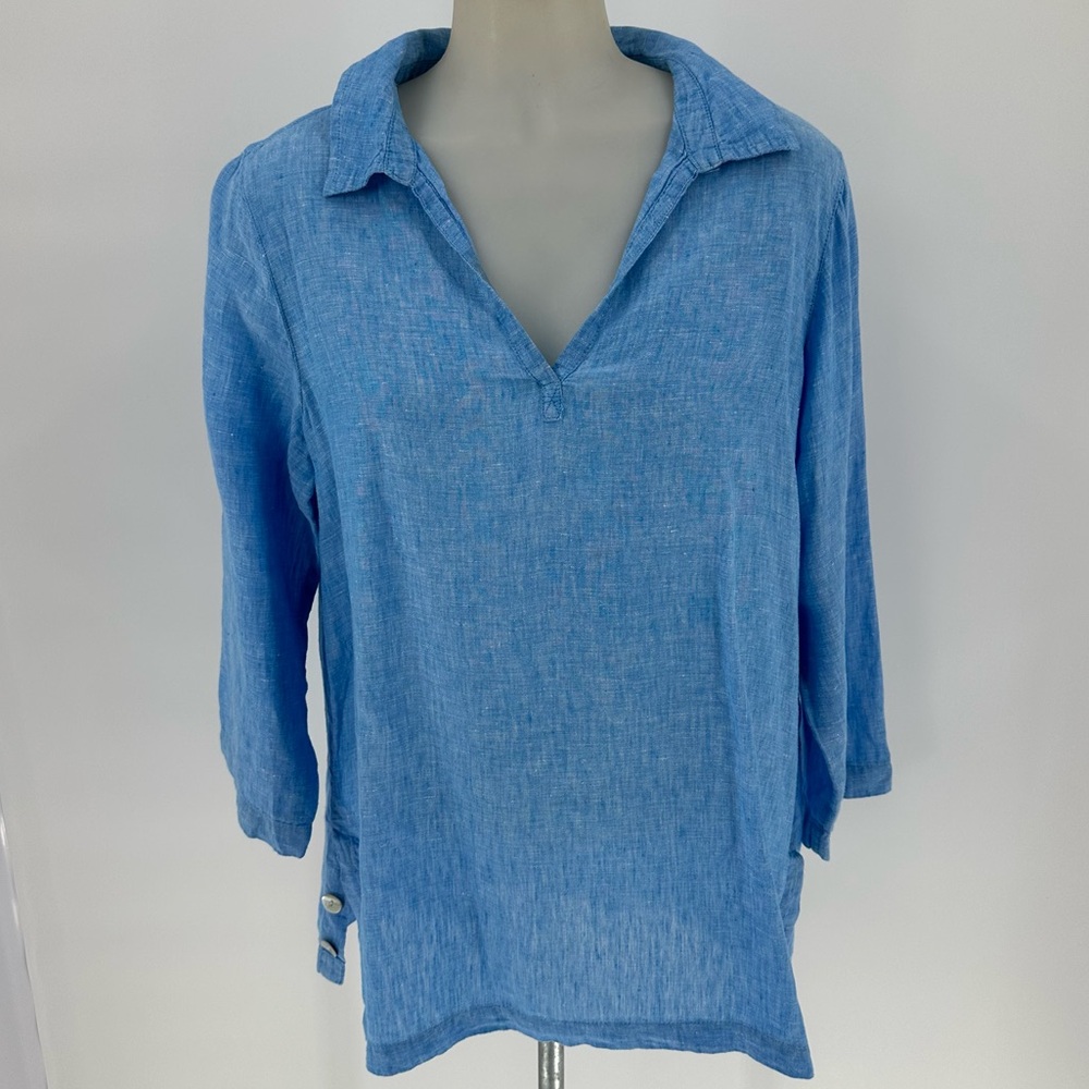 Tahari Top Blue Linen Collared V-neck 3/4 Sleeve Coastal Beachy Lightweight Sz L - Picture 1 of 12